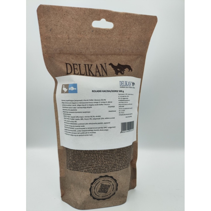 Roladki z kaczki i dorsza 500 g, naturalne przysmaki dla psa