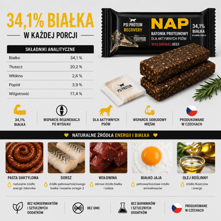 NAP Recovery Batonik Proteinowy dla Psów Wołowina 50 g | Regeneracja po wysiłku