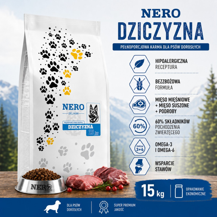 Nero Delikan Dziczyzna 15 kg, karma z mięsem z dziak dla dorsłych psów